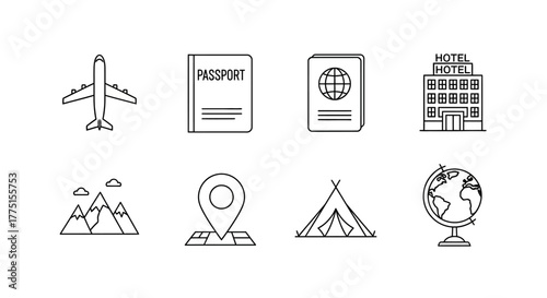 Set of travel icons minimalist line art vector illustration for tourism and vacation planning isolated on white background
