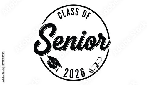 Class of 2026 senior year emblem with graduation cap and scroll design, representing achievement and future endeavors in education
