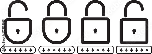 lock with password icon set. login successful icons for privacy. Account protection.  Account protection.  unlock symbol security icon set in red and green color outline style vector illustration