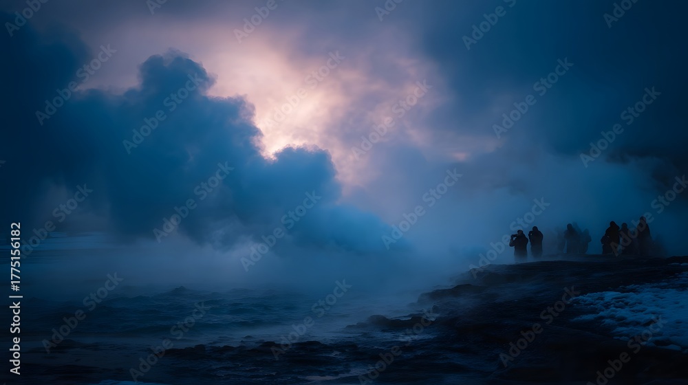 Fototapeta premium Dramatic twilight over a geothermal landscape with steam and silhouetted figures watching