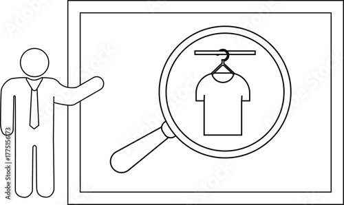 Outline drawing of a presenter next to a screen showing a magnifying glass focusing on a Tshirt on a hanger
