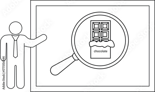 Stick figure pointing to a magnified chocolate bar within a framed display