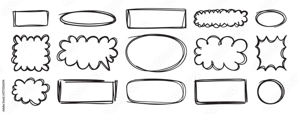 Fototapeta premium hand drawn black line frames for text box or photo. Scribble lines empty frame elements doodle stroke