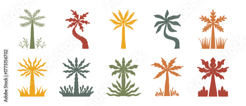 Boho design template, summer palms, tropical art hand drawn palm trees , vacation or travel icon concept, hippie retro elements