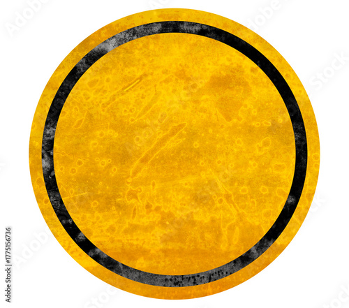 Circular yellow grunge texture with black border, ideal for industrial, safety, or caution-themed designs and backgrounds.	
