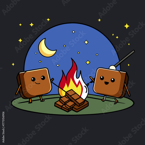 Cute cartoon marshmallows roasting chocolate over a campfire under the moon and stars isolated on white background isolated on transparent background silhouette
