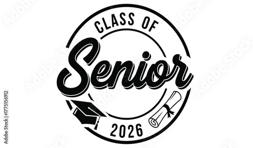 Class of 2026 senior year emblem featuring graduation cap and diploma scroll, symbolizing academic achievement and the upcoming graduation ceremony for high school or college students.
