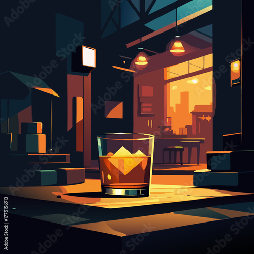 A glass of whiskey sits on a table in a dimly lit room with city view isolated on white background isolated on transparent background silhouette