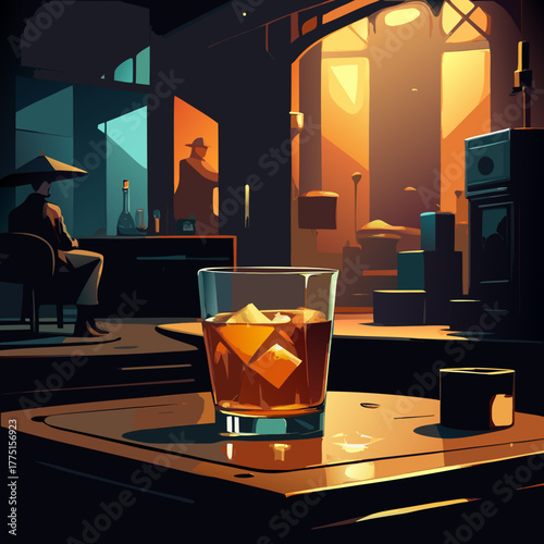 A glass of amber whiskey with ice sits on a table in a dimly lit bar silhouette isolated on white background isolated on transparent background