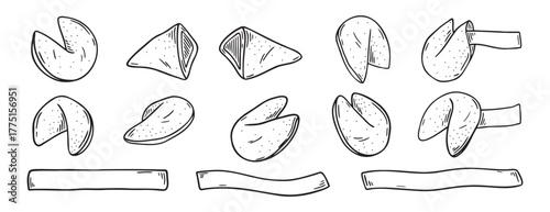 Chinese fortune cookies doodle hand drawn icon set. Outline drawing Chinese fortune cookies line clipart symbol collection