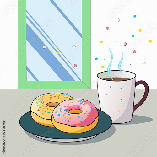 Two colorful donuts and a steaming mug of coffee isolated on white background isolated on transparent background silhouette