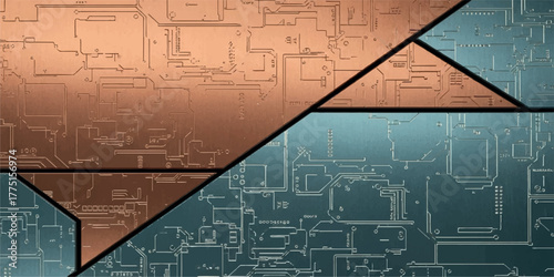 Abstract circuit board background divided diagonally featuring copper and blue hues for technology and engineering concepts
