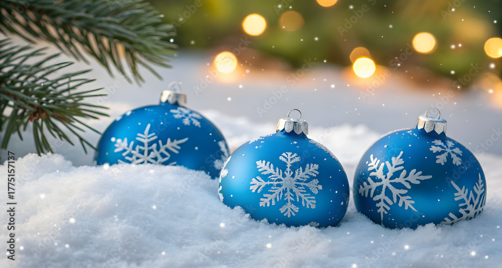 Fototapeta premium Christmas tree bauble decorations in snow with fir tree and bokeh effect. Festive Christmas decoration background with pine tree branches, bokeh lights and blue ball.