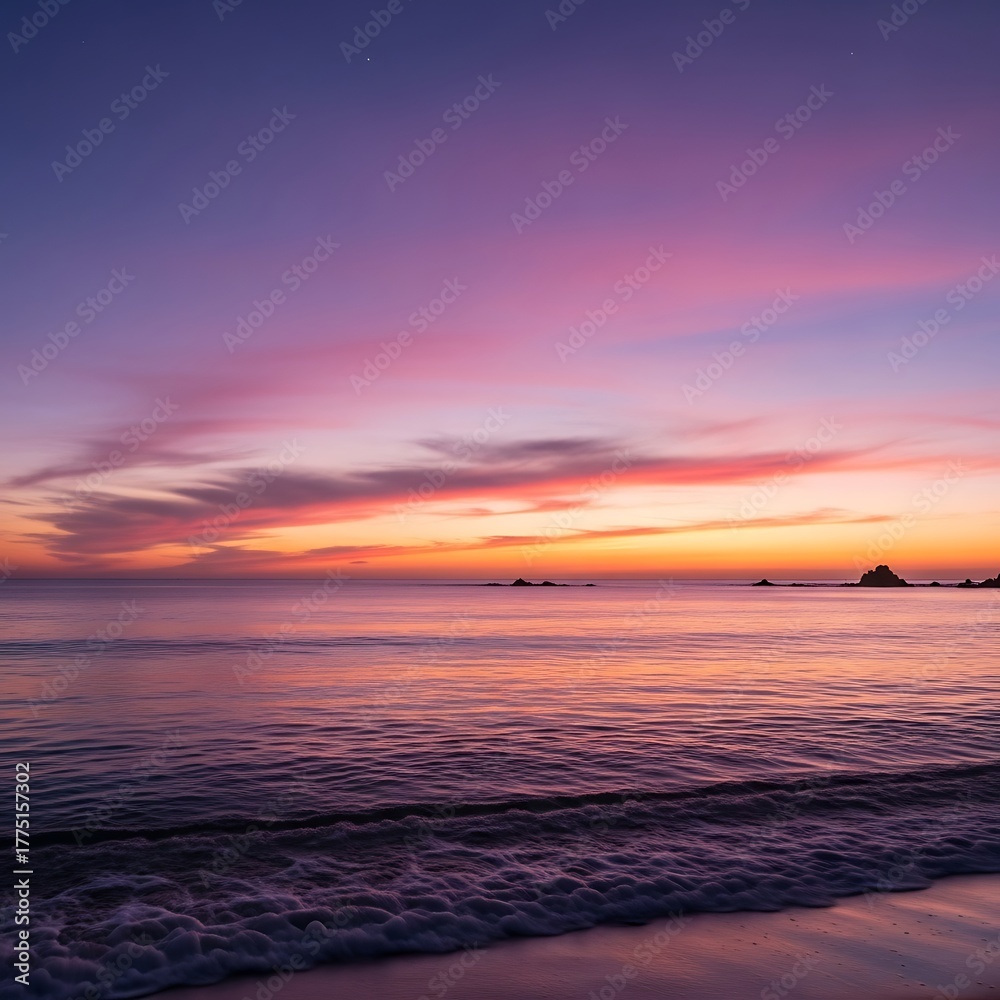 Naklejka premium Vibrant Sunset Over Calm Ocean Waters with Colorful Sky.