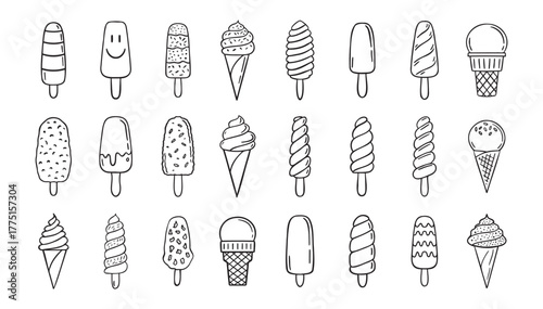  ice cream doodle hand drawn icon set. Outline drawing ice cream line clipart symbol collection