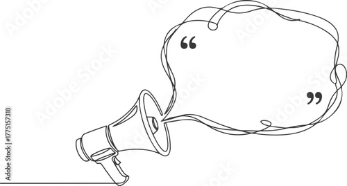 One continuous line illustration of a megaphone with speech bubble, a conceptual design element in b