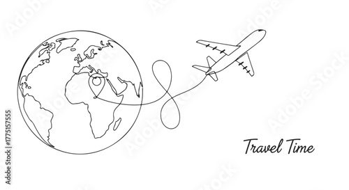A Continuous One Line Drawing Illustrating World Travel and the Concept of Time, Perfect for Global Journey Graphics