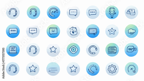 Collection of various communication and support icons in blue gradient circles on a white background