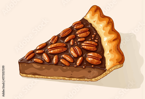 Delicious Slice of Pecan Chocolate Pie with Rich Creamy Filling and Golden Crust Topped with Abundant Crunchy Pecans on a Neutral Background