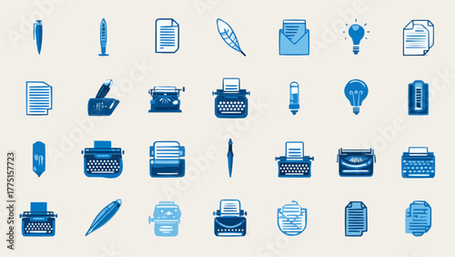 Illustration of writing tools and documents including pens typewriters and paper icons in blue