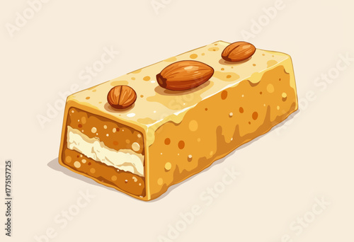 Illustration of a Delicious Nutty Dessert Bar Topped with Whole Almonds Featuring a Creamy Layer in the Center on a Light Background