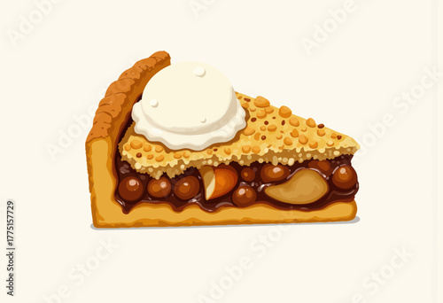 Delicious Slice of Caramel Apple Pie with Crunchy Crust Topped with Creamy Vanilla Ice Cream on a White Background