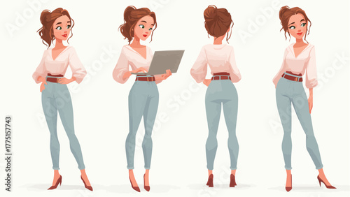 Illustration of a woman in four different poses wearing a blouse and light blue pants on white background