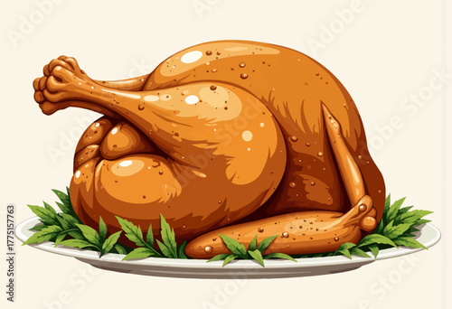 Illustration of a perfectly roasted golden brown turkey on a platter garnished with fresh green herbs, embodying a classic festive meal centerpiece