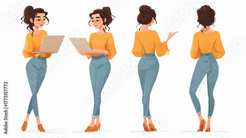 Cartoon woman in various poses holding a laptop wearing jeans and a yellow top on a white background