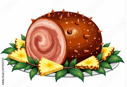 Delicious Spiral Ham with Pineapple Garnish on Leaf-Lined Platter with Spiced Cloves Creating a Mouthwatering Holiday Feast