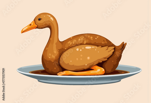 Illustrated depiction of a roasted duck on a platter, showcasing its detailed texture and golden brown skin, elegantly presented for a culinary themed concept.