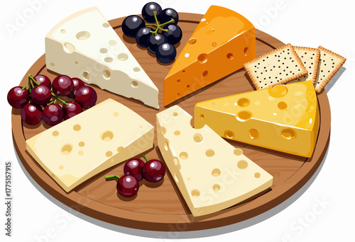 Delicious Assortment of Various Cheeses with Fresh Grapes and Crackers on a Wooden Platter for a Perfect Gourmet Tasting Experience