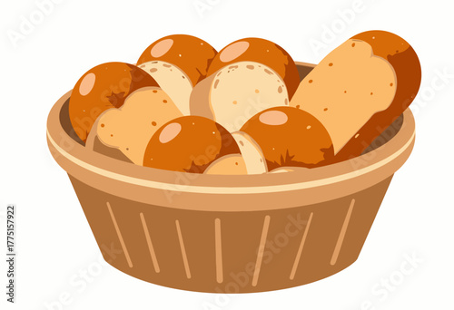 Illustration of a Basket Filled with Various Freshly Baked Bread Rolls and Loaves Depicting a Cozy Homestyle Bakery Setting