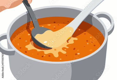 Illustration of a Ladle Pouring Cream into a Pot of Tomato Soup on a White Background