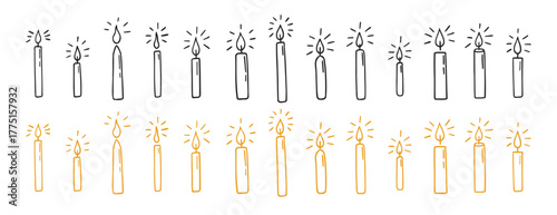 Hanukkah candles doodle hand drawn icon set. Outline Hanukkah candle flame drawing line clipart symbol collection