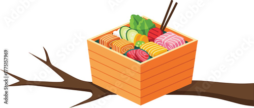 Modern Colorful Bento Box Icon – Vibrant Japanese Lunch bento box,Colorful vector food icon of a Japanese lunch featuring sushi, designed in a modern illustration style for meal prep, healthy food