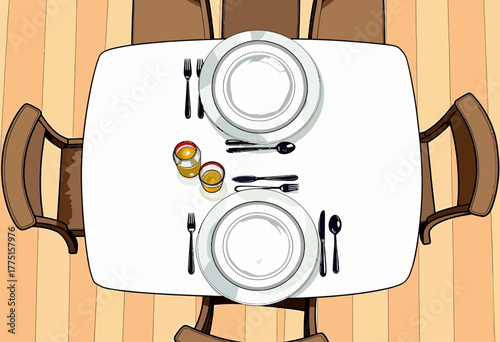 Elegant Dining Setup with Wooden Chairs and Tableware Ready for a Formal Meal Gathering on a Wood Floor Surface