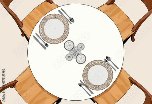 Elegant Dining Table Setting with Ornate Plates and Cutlery Arrangement on a Round Tabletop Surrounded by Wooden Chairs
