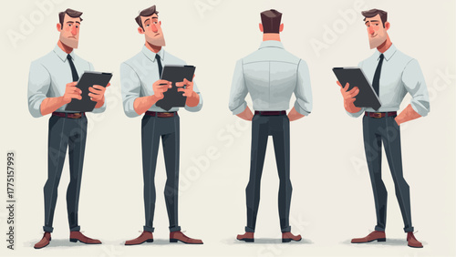 Cartoon character poses showing front side and back view holding a clipboard in a professional attire