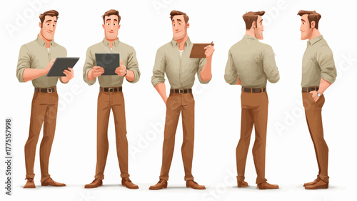 Illustrative character sheet showing a man in various poses holding a tablet and looking professional