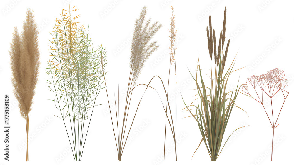 Fototapeta premium Set of decorative dried plants including pampas grass and reeds isolated on white background perfect for interior design mockups