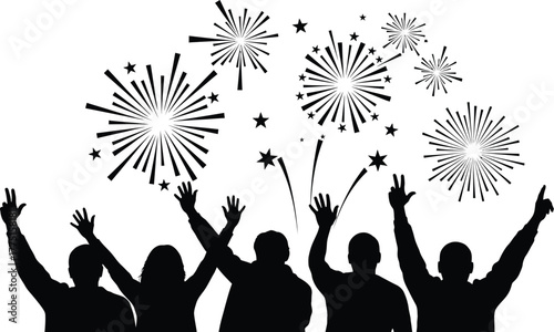 Silhouetted figures celebrating under a vibrant fireworks display, capturing the excitement and joy of a festive occasion isolated on white background