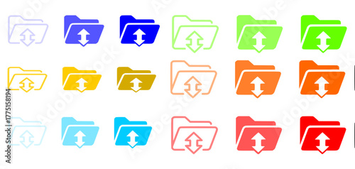 Folder upload icon set in multiple styles and colors, outline, solid, gradient, blue, green, orange, and yellow, isolated on transparent background