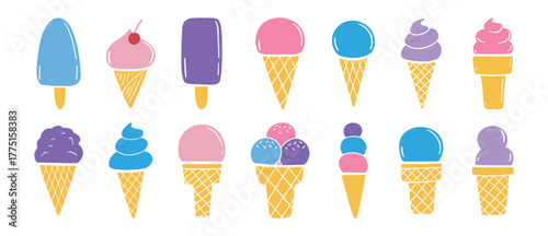 cute ice cream various set. Hand drawn cartoon ice cream colored trendy collection. ice cream clipart illustration