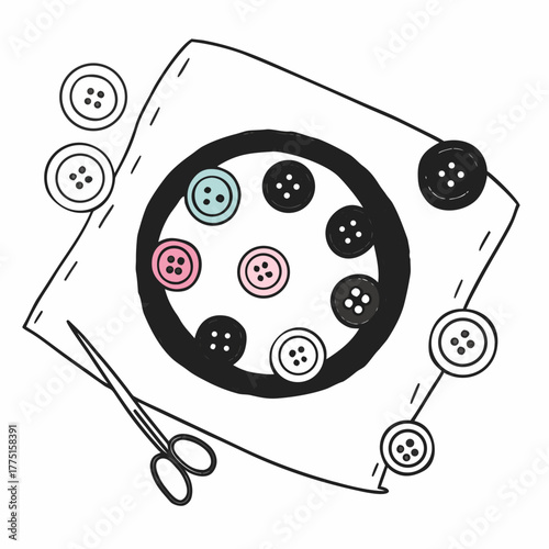 Collection of Varied Buttons and Scissors on Fabric