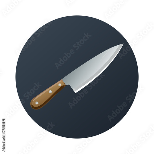 A chef knife in a dark circle on a black background