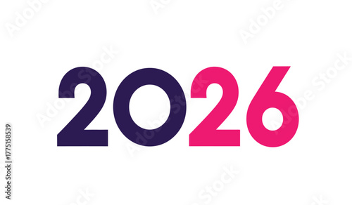 Bold geometric typography displays the year 2026 in contrasting dark purple and vibrant pink against a clean white background, representing future progress and planning.