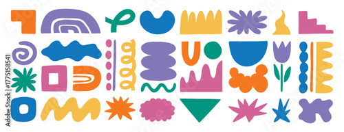 abstract forms elements set illustration, colorful funny blob shape organic, liquid form bright collection