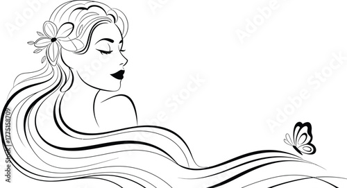 Black and White Line Art of a Woman with Flower and Long Hair and Butterfly