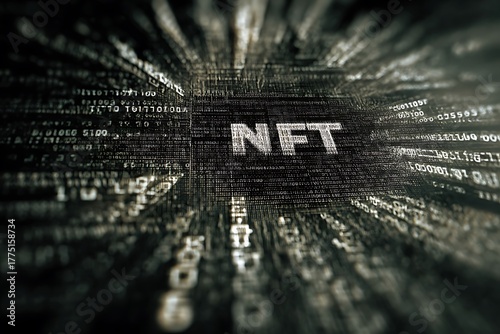 Explore the exciting world of NFTs with this futuristic, high-tech code background displaying NFT, perfect for your crypto or blockchain projects